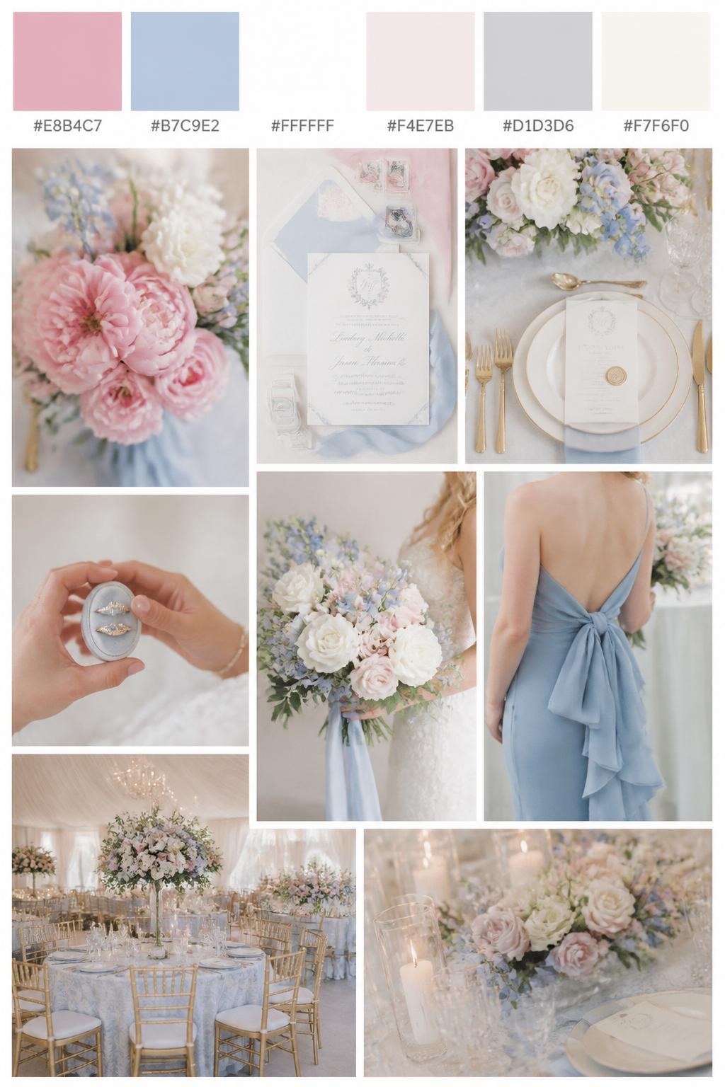 Image Prompt:
A realistic Pinterest-style wedding palette board with a top row of swatches and hex codes in soft pink, French blue, white, pale blush, soft gray, and ivory. Below the swatches, create a refined wedding collage with soft pink flowers, French blue ribbon, white roses, elegant place settings, romantic stationery, a side-view bouquet shot, a bridesmaid dress detail cropped below the shoulders, and a no-people reception setup with soft floral styling. Use varied no-face compositions, including hands-only details, back-view styling, side-view crops, and no-people decor scenes. DSLR photo realism, 9:16 vertical format. (no watermarks on images)