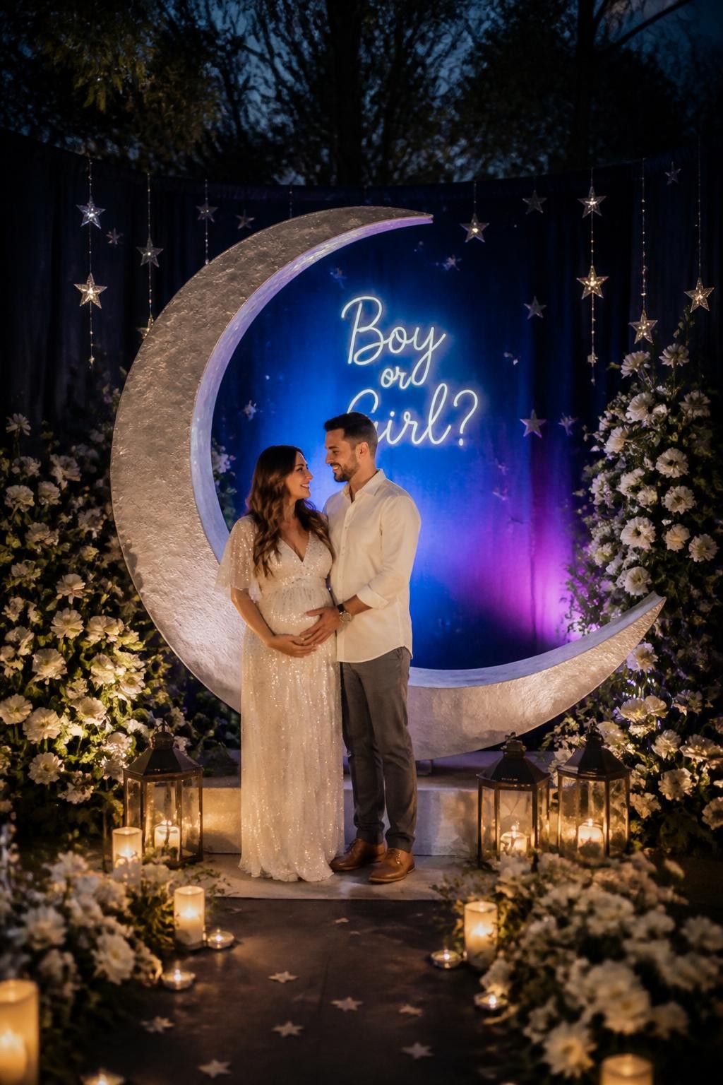 A realistic editorial photo of a gender reveal party styled as a midnight moon garden, dark navy backdrop, silver stars, glowing moon props, white flowers, lanterns, parents standing under a crescent moon display with one soft reveal color glowing behind it, dreamy evening atmosphere, elegant DSLR photography