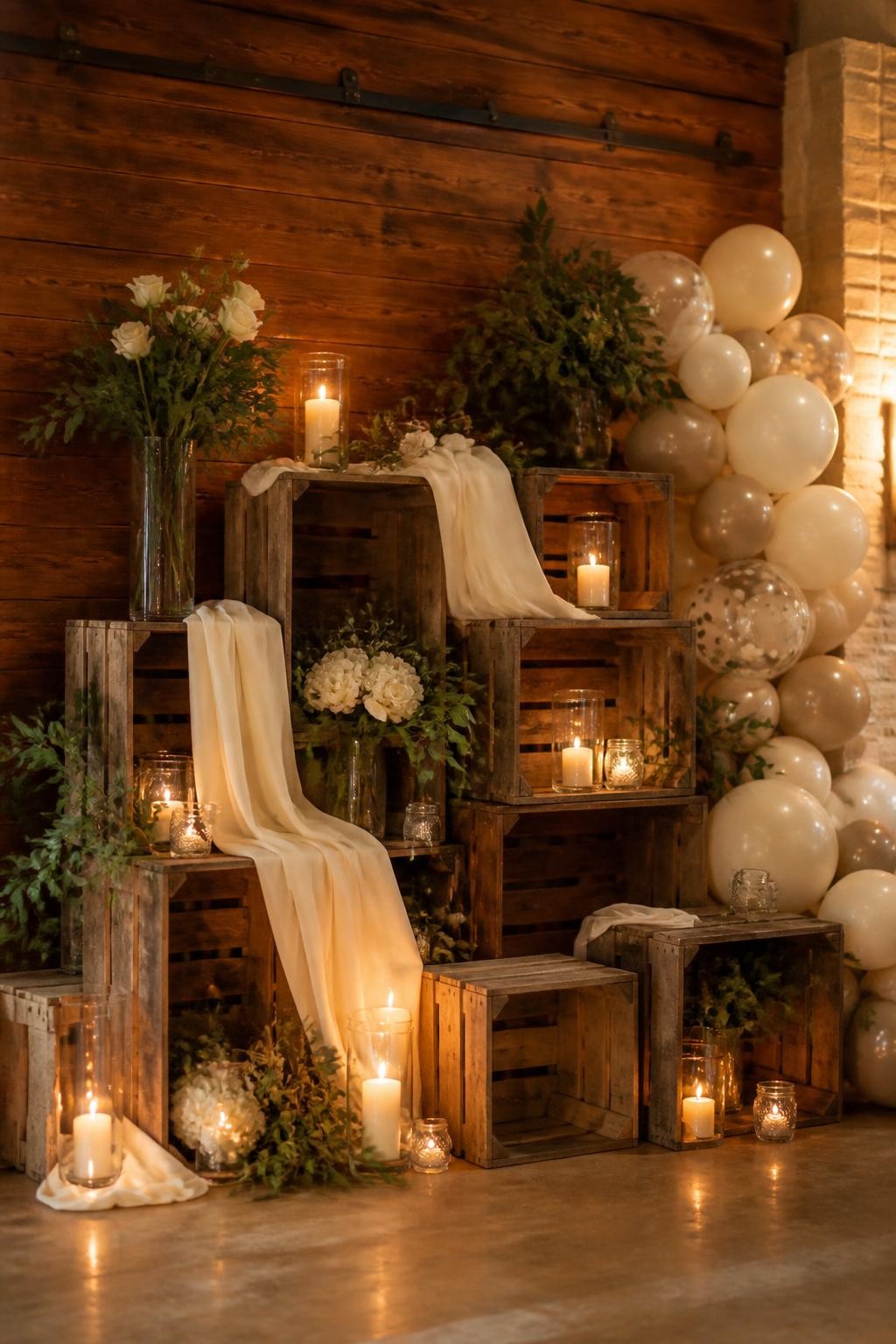 Image Prompt:
A single realistic photo of a rustic party backdrop with stacked wooden crates arranged against a warm wood wall, glass candle jars placed safely on and around the crates, greenery, ivory flowers, soft fabric draping, neutral balloon accents, cozy indoor event setting, no people, no faces, warm candlelit lighting, realistic event photography, no text, no watermark.