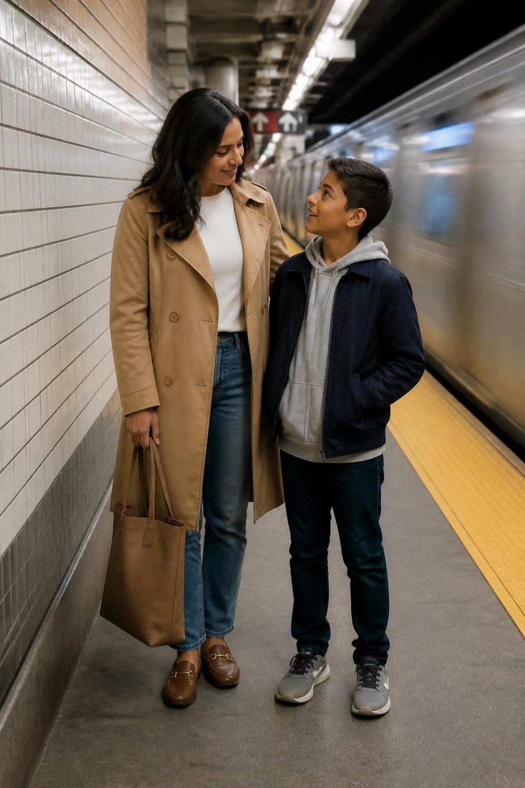 Image Prompt:
A realistic city mother and son photoshoot on a clean modern subway platform during a quiet time of day, featuring a Latina mother in a camel trench coat, white top, straight jeans, and loafers, standing beside her preteen son in a navy jacket, gray hoodie, dark jeans, and sneakers. They stand near a tiled wall with soft motion blur from a train passing in the background. The mother holds a tote bag while the son looks up at her mid-conversation. Realistic urban lighting, documentary editorial style, safe calm platform, vertical image.