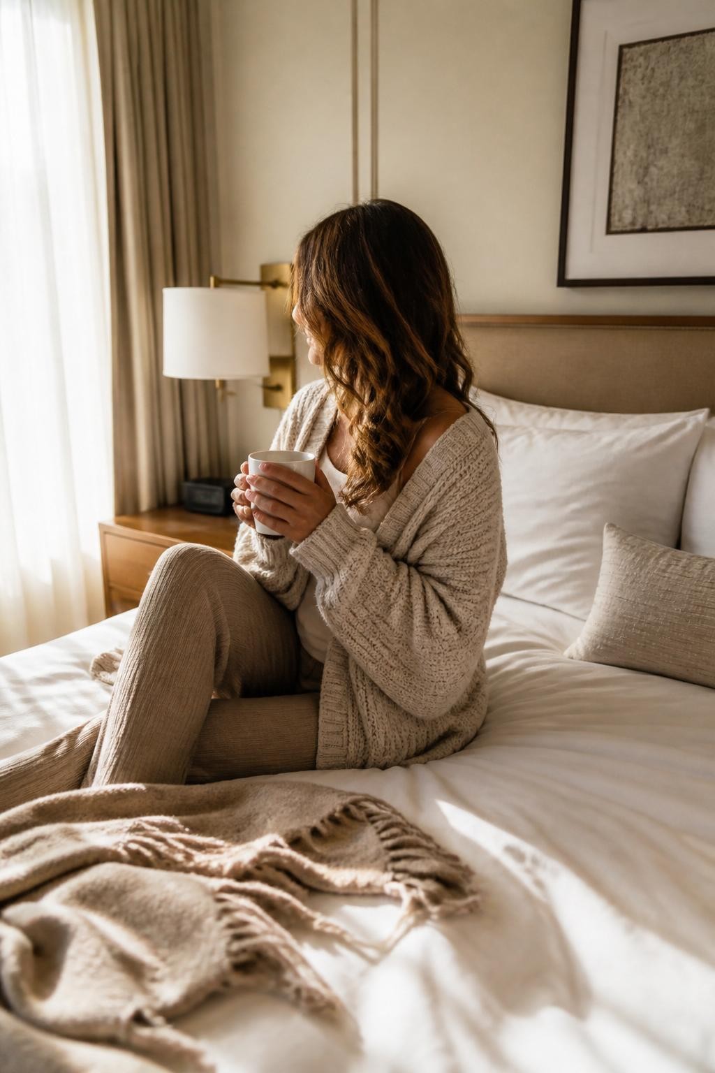 Image Prompt:
A realistic DSLR-style hotel room photoshoot of an adult woman sitting comfortably on a neatly styled white hotel bed, wrapped in a soft cream knit cardigan over simple loungewear, holding a white coffee mug with both hands. The bed has crisp white sheets, fluffy pillows, a beige throw blanket, and soft natural morning light coming through sheer curtains. Her face is turned slightly away from the camera so facial details are not clear. Warm neutral hotel decor, relaxed luxury mood, editorial lifestyle photography, soft shadows, realistic textures, vertical image.