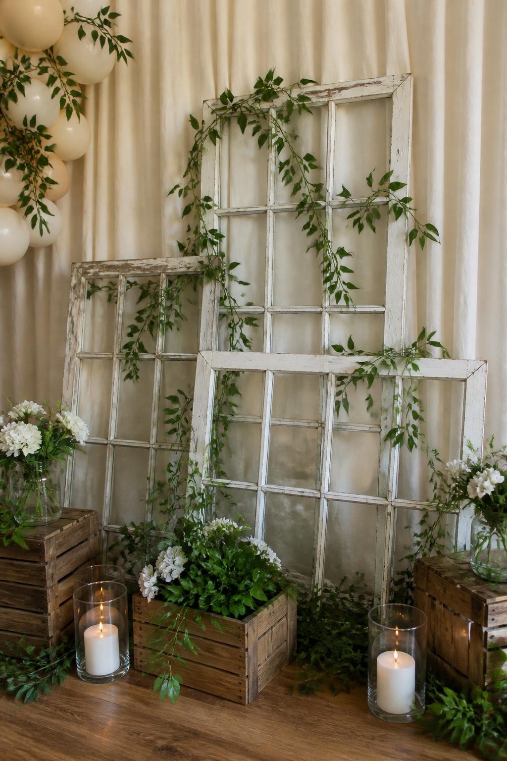 Image Prompt:
A single realistic photo of a rustic backdrop with old whitewashed wooden window frames layered against a cream fabric wall, greenery vines, white flowers, candle jars, wooden crates, soft beige balloon accents, warm indoor party setting, no people, no faces, soft natural lighting, realistic editorial event photography, no text, no watermark.