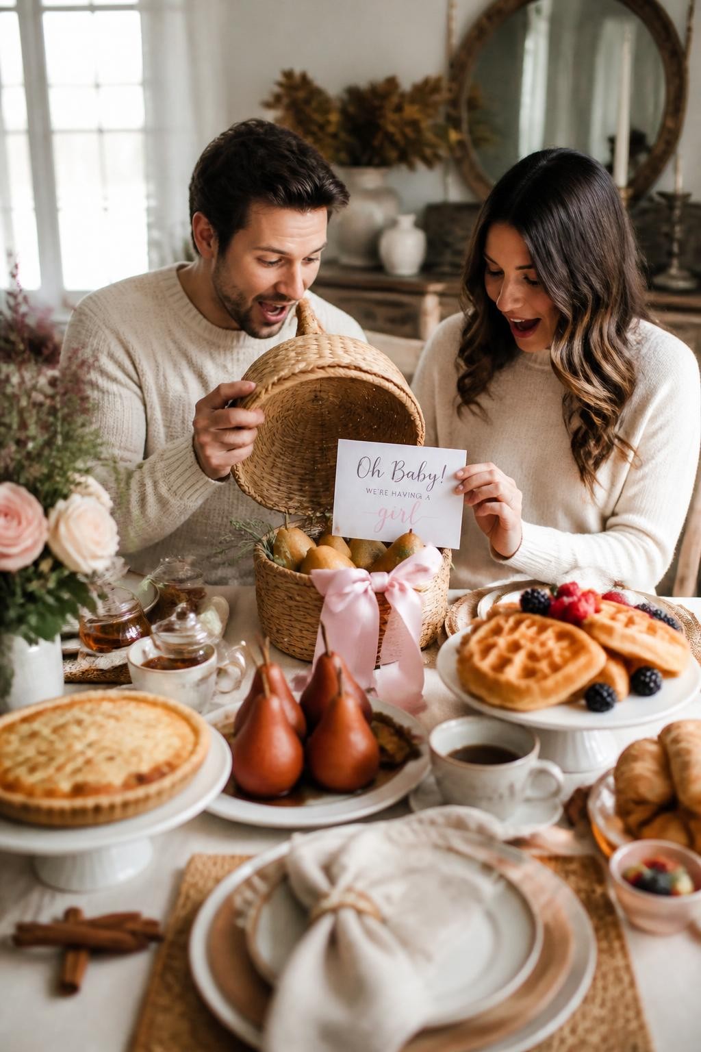 A realistic editorial photo of a chic November gender reveal brunch table, poached pears, pastries, waffles, cream plates, linen napkins, warm tea, cinnamon sticks, parents lifting a small covered pear basket to reveal a baby message card and soft color ribbon, bright cozy morning light, DSLR food photography