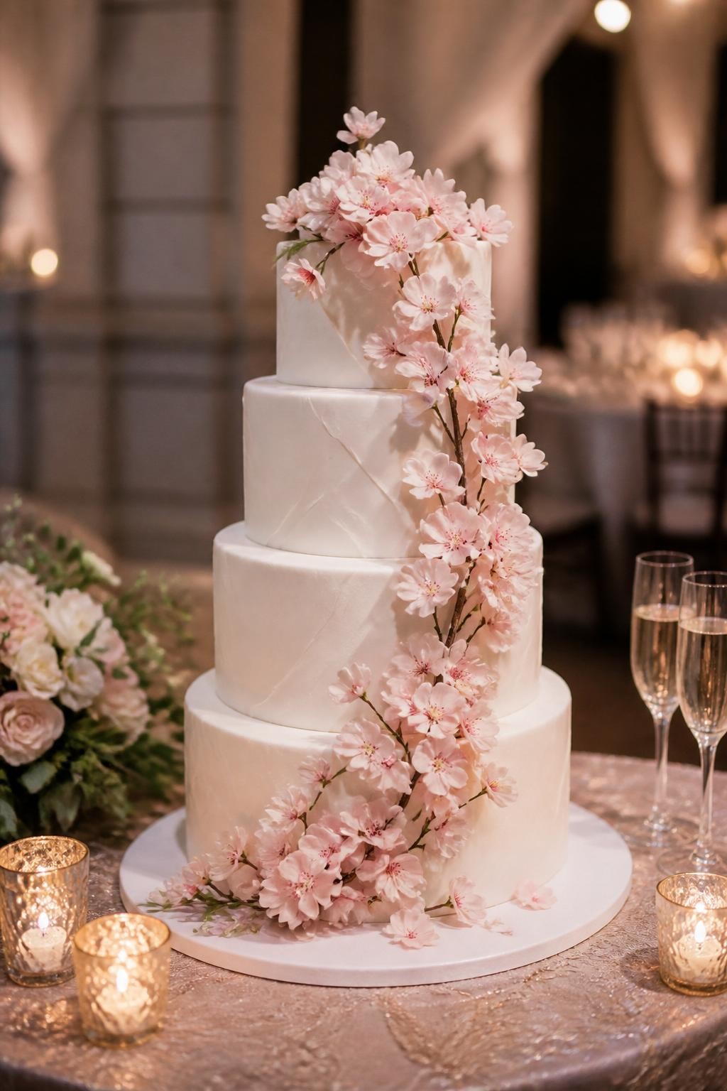Image Prompt: Ultra-realistic wedding party photo of a Japanese-inspired wedding cake with a dramatic sakura blossom cascade flowing from the top tier to the base. Use delicate pink cherry blossoms, soft greenery, and smooth ivory icing. Place the cake on an elegant reception cake table with candles, floral arrangements, champagne glasses, fine linens, and a softly blurred wedding venue backdrop. Keep the cake as the main focus. No visible faces. If guests appear, show only back views, side views in blur, cropped hands, or neck-down figures. Realistic blossom petals, detailed icing finish, warm DSLR wedding photography. (no watermarks on images)