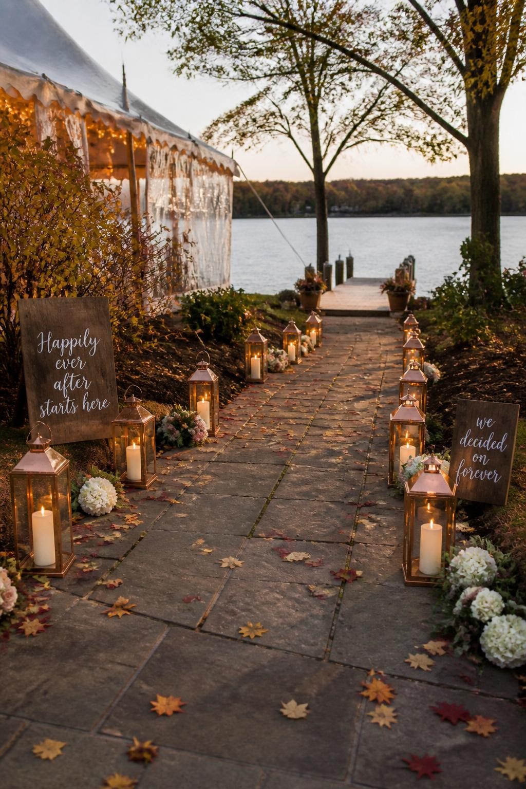 Realistic DSLR photo of a fall lake wedding pathway leading from the reception tent to the dock, lined with copper lanterns, ivory candles, scattered autumn leaves, small floral clusters, and rustic wooden signs, calm lake visible at the end of the path, soft dusk light, romantic cozy wedding atmosphere.