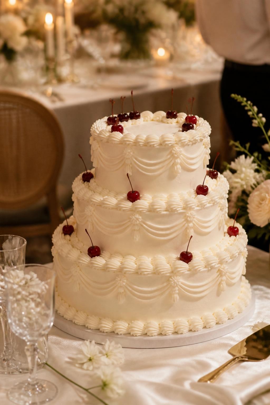 Image Prompt: Ultra-realistic wedding reception image of a beautiful retro wedding cake with soft ivory tiers, piped vintage borders, and elegant cherry-topped details placed tastefully on the cake. The design should feel refined and wedding-ready, not cartoonish. Place the cake on a stylish wedding dessert table with candles, flowers, glassware, fine linens, and a softly blurred reception backdrop. Keep the cake as the main subject. No visible faces. If people appear, show only back views, side views in blur, cropped hands, or neck-down figures. Realistic cherry shine, creamy icing texture, warm soft lighting, DSLR editorial wedding style. (no watermarks on images)