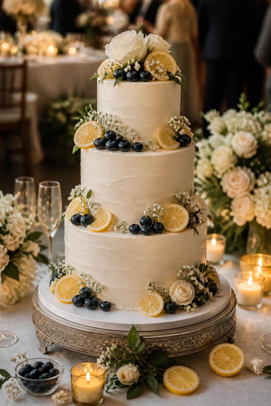 Image Prompt: Ultra-realistic wedding reception image of a lemon and blueberry wedding cake with white or ivory buttercream tiers, fresh lemon slices, blueberries, and soft floral accents arranged elegantly around the cake. Place the cake on a styled wedding cake table with candles, floral centerpieces, fine linens, glassware, and a softly blurred reception scene. Keep the cake as the hero of the photo. No visible faces. If people appear, show only cropped hands, side views, back views, or figures from the neck down. Realistic blueberry texture, fresh lemon slices, refined icing detail, DSLR wedding editorial style. (no watermarks on images)