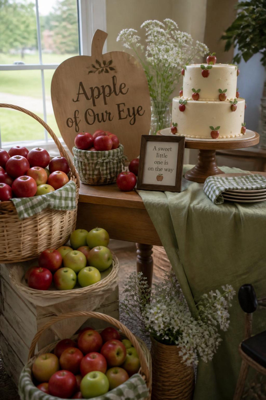 Image Prompt:
A realistic single-image baby shower decor display with baskets of red and green apples stacked beside a small wooden table, cream baby shower cake with tiny apple details, sage green cloth, white flowers, soft checkered napkins, wooden sign reading “Apple of Our Eye,” cozy orchard-inspired indoor setting near a window, no people, no faces, natural daylight, editorial decor photography, realistic apple and cake textures, no watermarks on images