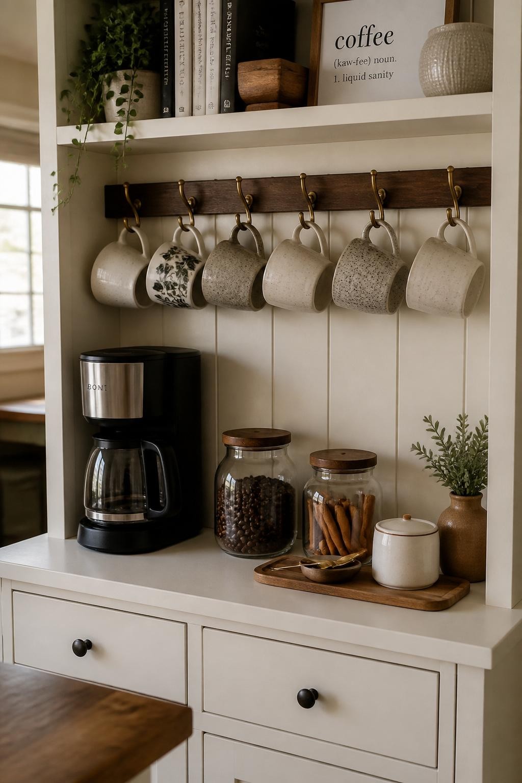 A realistic DSLR photo of a coffee bar hutch with a built-in mug rail, painted warm white hutch, wooden rail with brass hooks under the upper shelf holding ceramic mugs, compact coffee maker on the counter shelf, glass jars of coffee beans and cinnamon, small tray with spoons, beadboard backing, warm natural kitchen light, cozy practical styling, no people.