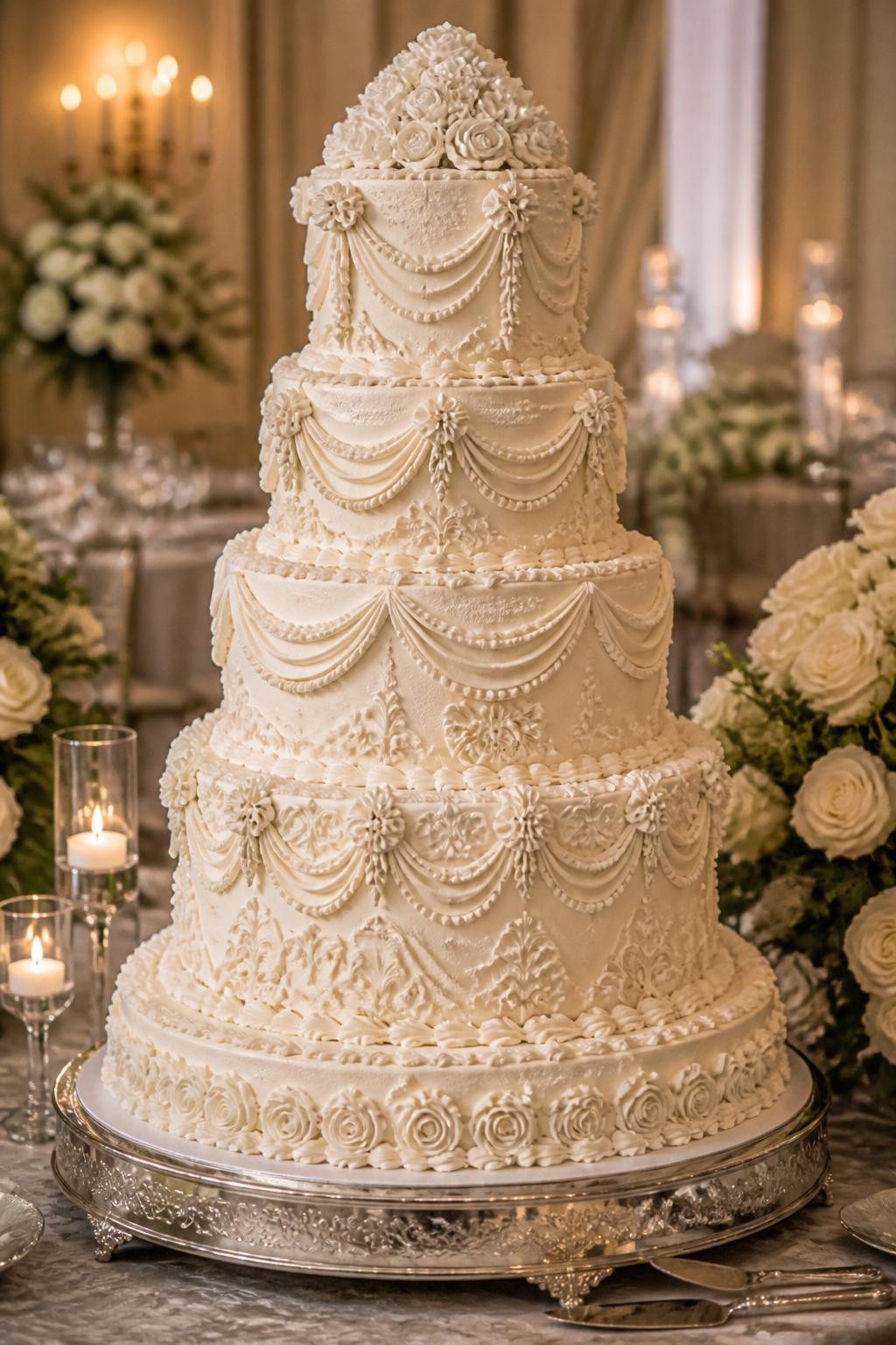 Image Prompt: Ultra-realistic wedding reception scene featuring an extravagant Baroque Lambeth wedding cake with ornate piped swags, scrollwork, shells, layered borders, and highly detailed icing across multiple tiers. Place the cake on an elegant reception table with candles, roses, fine linens, and a classic luxury wedding backdrop. Keep the cake in clear focus. No visible faces. If people appear, show only back views, cropped hands, side silhouettes in blur, or neck-down figures. Realistic piped icing texture, soft romantic lighting, editorial DSLR realism. (no watermarks on images)