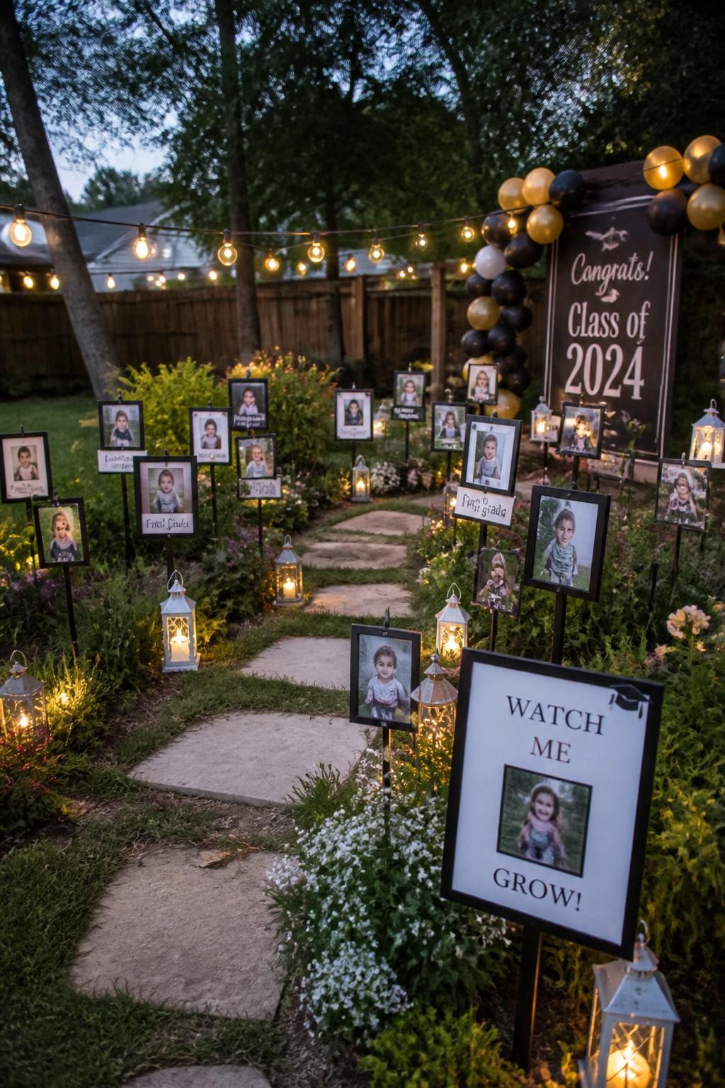 A realistic DSLR photo of a backyard graduation memory garden with framed photos placed on small garden stakes, lanterns, flowers, printed milestone cards, and a narrow walkway through grass, soft evening light, realistic outdoor party decor, no people, editorial event photography style.