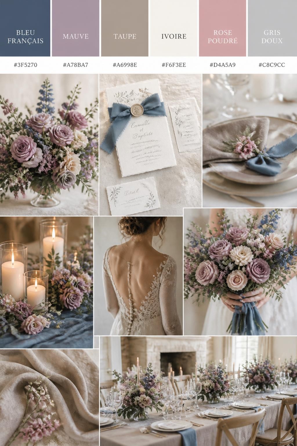 Image Prompt:
A realistic wedding color scheme mood board with a top swatch strip and small hex codes in French blue, mauve, taupe, ivory, dusty rose, and soft gray. Below, create a soft romantic collage of mauve flowers, French blue ribbon, taupe linens, ivory candles, airy invitations, hands holding a bouquet, a back-view bridal detail, and a no-people reception table with gentle floral styling. Use no clear faces and mix detail shots with no-people decor images for variety. The mood should feel calm, romantic, and polished with soft natural light and DSLR-style realism. 9:16 vertical format. (no watermarks on images)