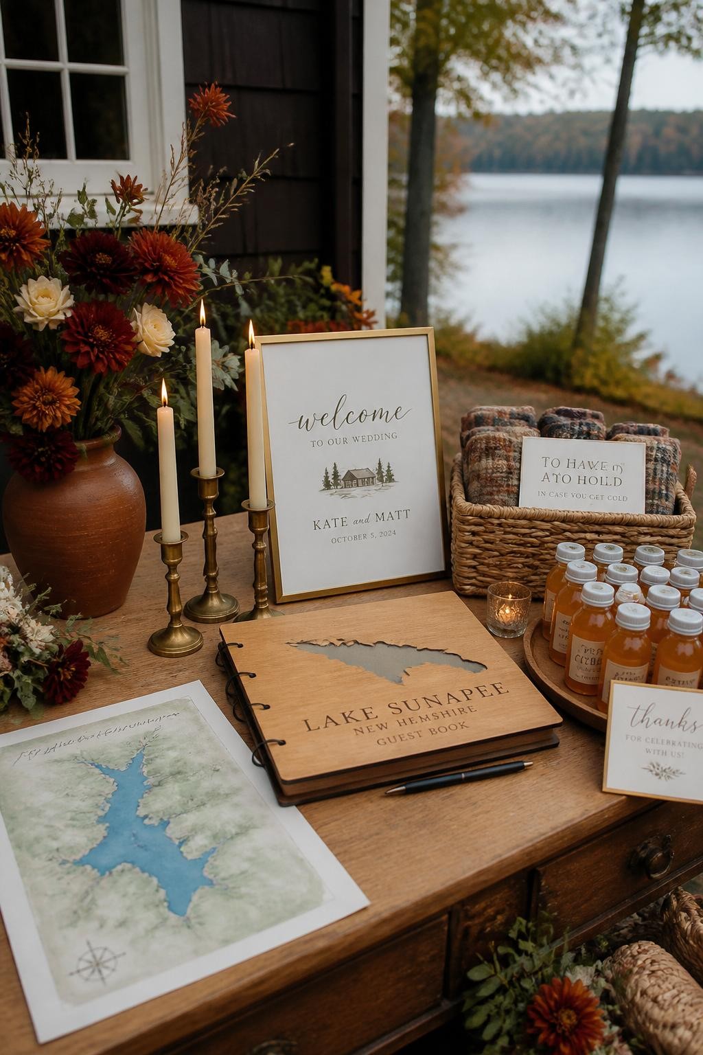 Realistic DSLR photo of a fall lake wedding welcome table set outside a cozy lake house, featuring a wooden guest book, custom watercolor lake map, mini apple cider bottles, cream taper candles, rust florals, framed welcome sign, and woven baskets, lake and autumn trees softly blurred in the background, warm natural light.