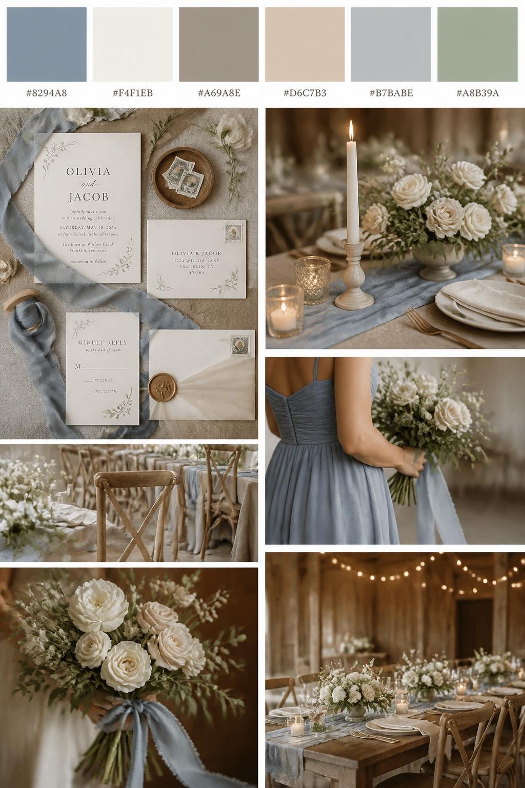 Image Prompt:
A realistic rustic wedding mood board with a top strip of color swatches and small hex codes in dusty blue, ivory, taupe, warm beige, soft gray, and muted sage. Below, show a romantic collage of wedding details: dusty blue ribbon, ivory florals, taupe table linens, wooden chairs, simple candles, invitation flat lays, a cropped bridesmaid dress detail from the neck down, hands holding a bouquet, and a no-people rustic reception table with soft floral styling. Keep the collage polished, soft, and natural with DSLR-style realism. Use no clear faces, with side angles, back views, detail-only shots, and no-people scenes. 9:16 vertical format. (no watermarks on images)