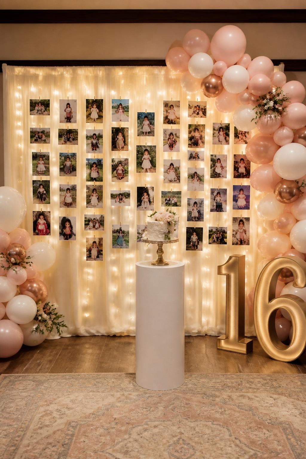 Image Prompt:
A single realistic editorial-style photo of a meaningful Sweet 16 backdrop with a cream fabric wall covered in neatly arranged childhood and family photos, warm string lights behind the photos, blush and white balloon clusters, a gold number 16 prop, a simple cake pedestal, cozy indoor party setting, no people, no faces, realistic lifestyle party photography, no readable text, no watermark.