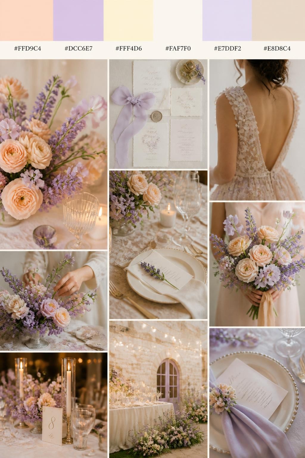 Image Prompt:
A realistic wedding inspiration mood board with a top strip of swatches and hex codes in pale peach, lavender, buttercream, ivory, soft lilac, and warm beige. Below, create a dreamy collage with peach flowers, lavender blooms, buttercream table styling, elegant table settings, silk ribbon stationery, a cropped dress shot from below the chin, hands arranging flowers, and candlelit reception decor. Use a mix of no-people flat lays, bouquet close-ups, back-view styling, and side-angle detail photos with no visible full faces. The mood should feel soft, sweet, romantic, and slightly dreamy with realistic DSLR photo quality. 9:16 vertical format. (no watermarks on images)