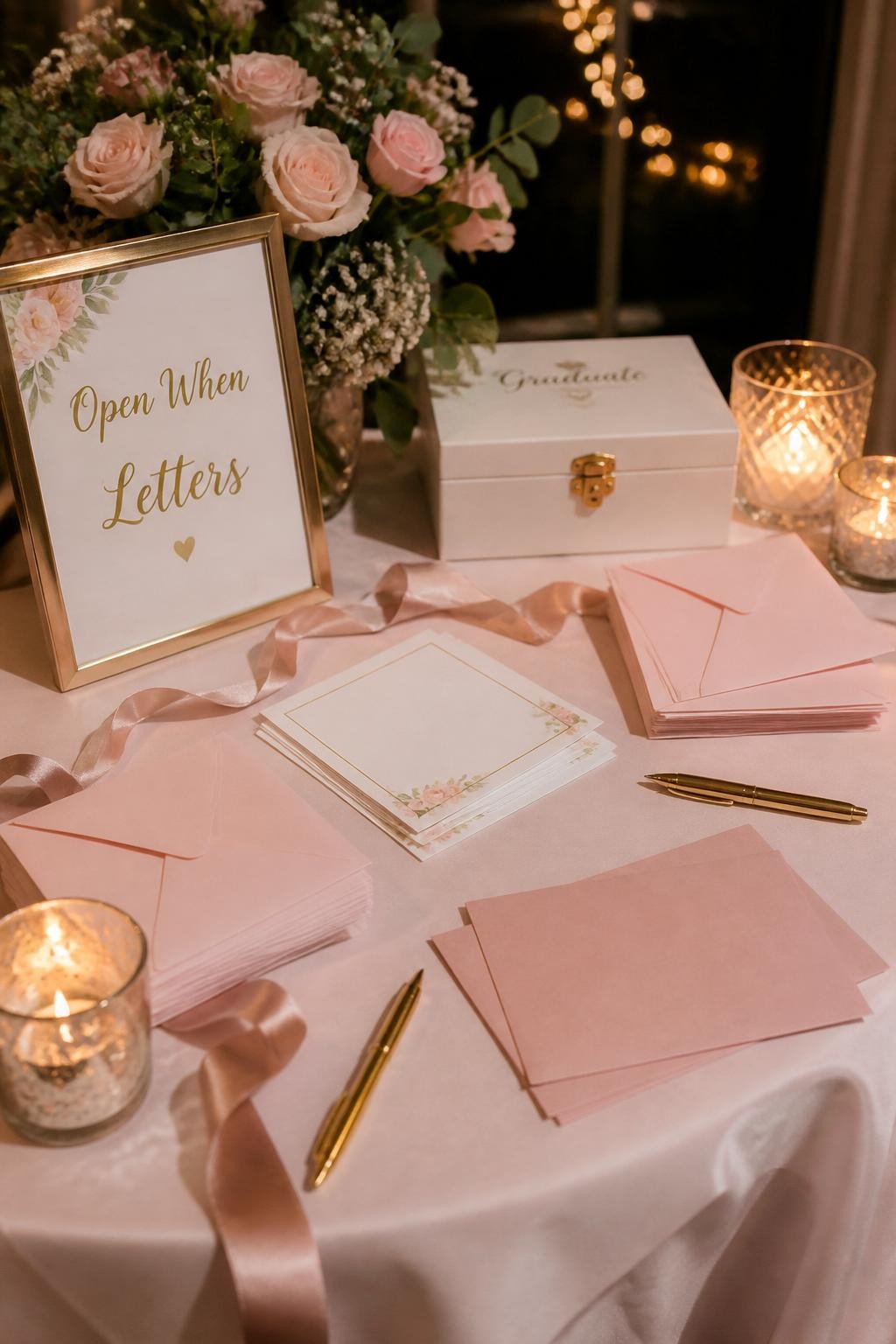 A realistic DSLR photo of a pink graduation letter-writing table with blush envelopes, rose-colored cards, gold pens, candles, flowers, satin ribbon, a keepsake box, and a sign that says “Open When Letters,” soft evening light, realistic emotional party detail photography, no people.