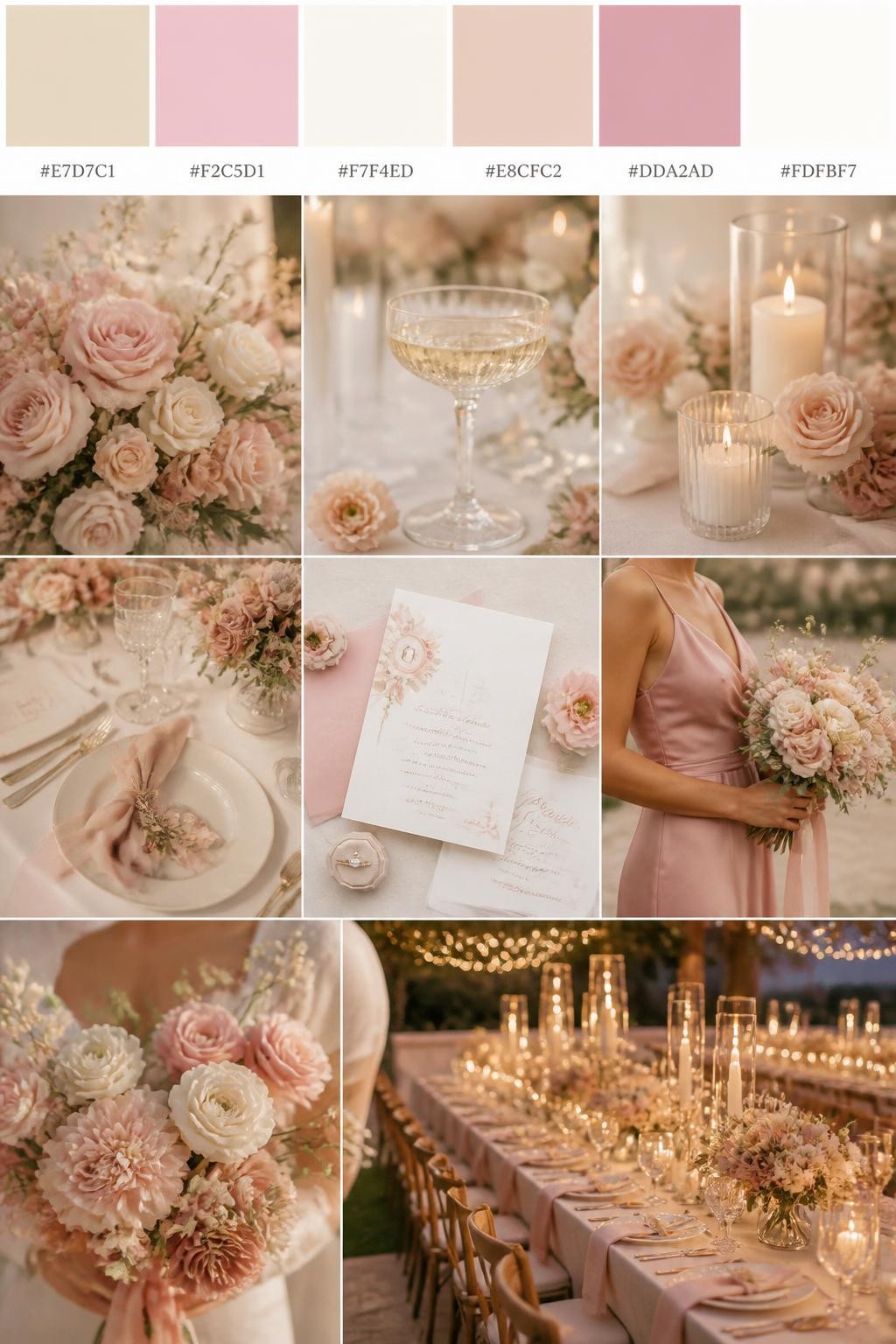 Image Prompt:
A realistic wedding mood board with a top strip of color swatches and small hex codes in champagne, blush pink, cream, warm nude, dusty rose, and ivory. Below, show a romantic collage of wedding details: blush flowers, champagne glassware, cream candles, soft table styling, invitation flat lays, a cropped bridesmaid dress detail from the neck down, hands holding a bouquet, and a no-people reception table glowing under warm candlelight. Keep the collage soft, romantic, and polished with DSLR-style realism. Use no clear faces, with side angles, back views, detail-only shots, and no-people scenes. 9:16 vertical format. (no watermarks on images)