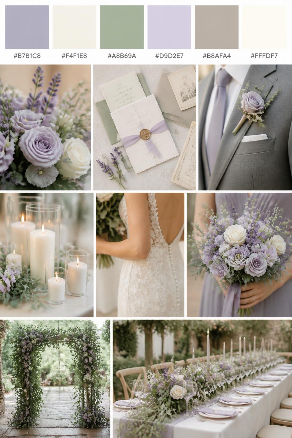 Image Prompt:
A realistic wedding palette board with a top row of color swatches and hex codes in lavender gray, cream, sage green, pale lilac, warm taupe, and ivory. Below, show a polished collage of lavender-gray flowers, sage greenery, cream candles, elegant paper goods, a groom suit detail with boutonniere and no visible face, cropped dress shots, bouquet styling in hands-only composition, and a romantic garden reception table. Use no full faces, with side crops, back views, and no-people decor shots for variety. The mood should feel soft, airy, and romantic with true-to-life DSLR quality. 9:16 vertical format. (no watermarks on images)