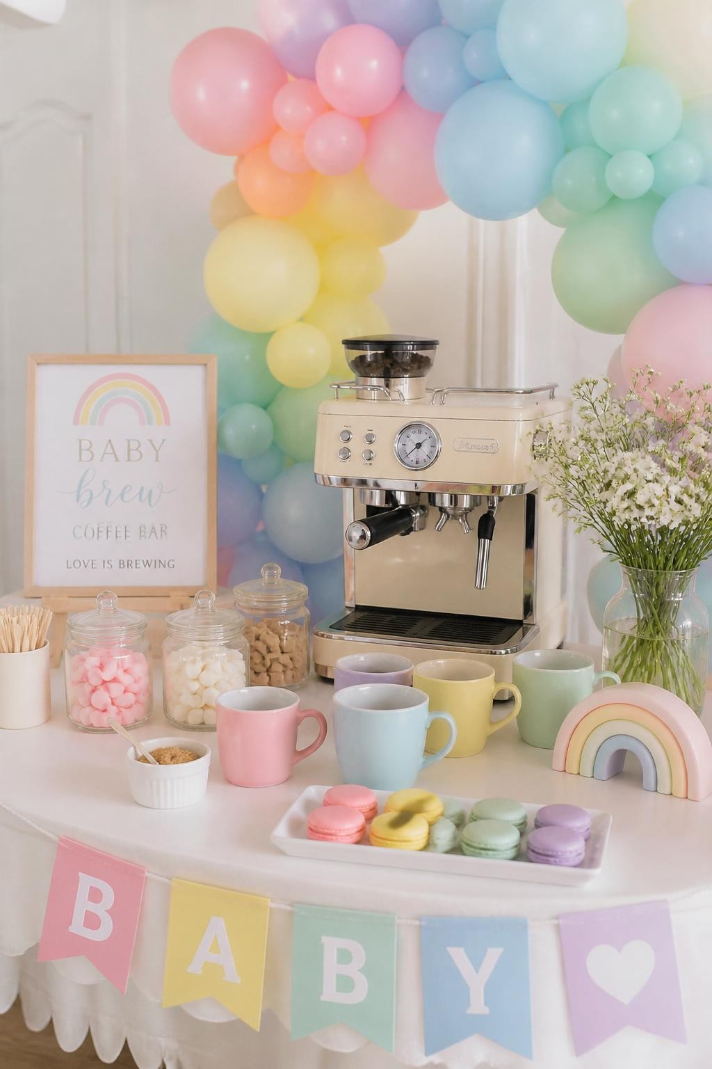 A realistic DSLR photo of a pastel rainbow baby shower coffee bar, white table with soft pastel balloon arch, cream coffee machine, mugs in pale pink, blue, yellow, and mint, glass jars of colorful marshmallows and sugar cubes, pastel macarons on a tray, small rainbow sign, bright natural daylight, cheerful modern baby shower styling, no people.