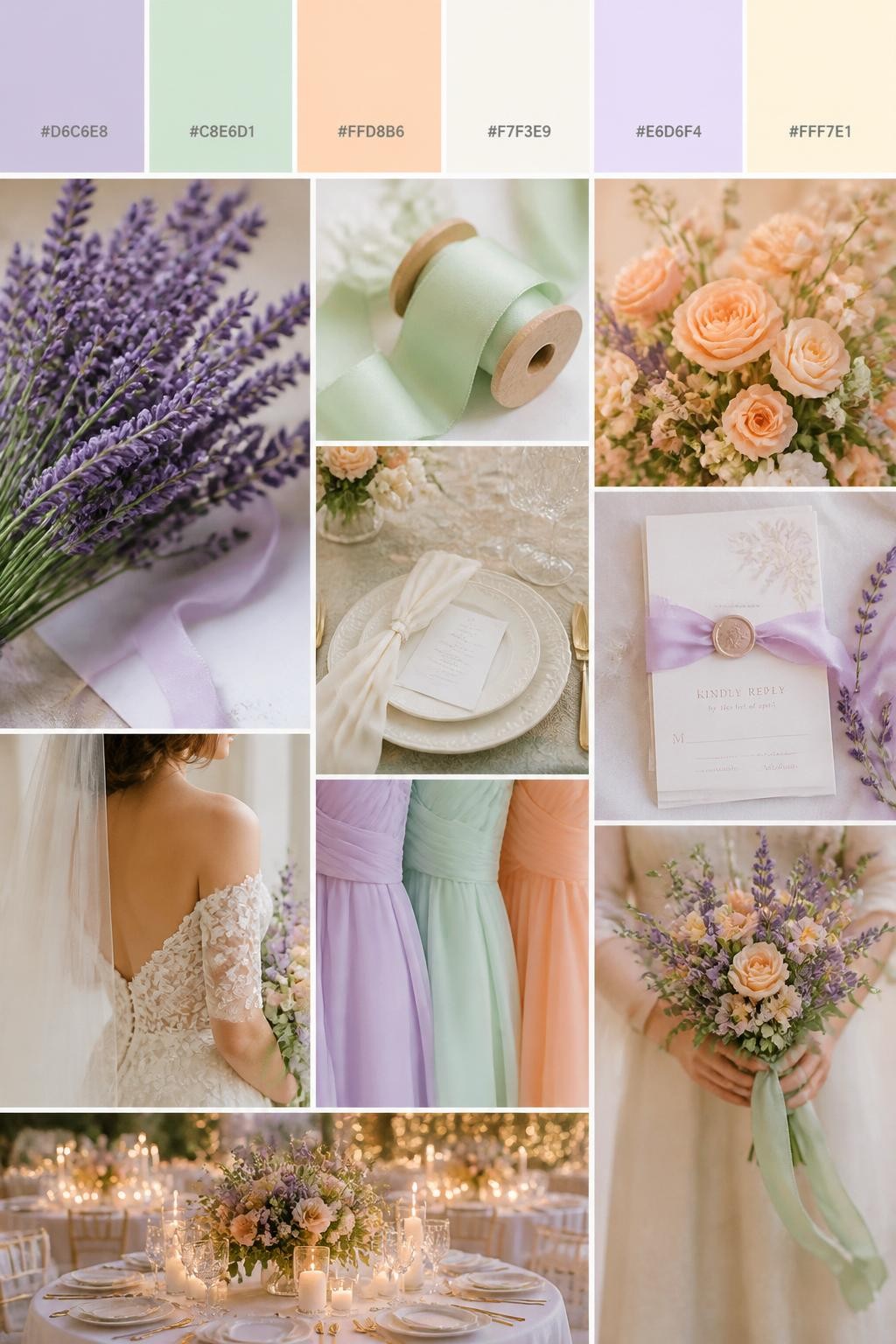 Image Prompt:
A realistic pastel wedding color palette mood board with a top strip of swatches and small hex codes in lavender, mint green, soft peach, ivory, pale lilac, and cream. Below, show a cohesive collage of lavender flowers, mint ribbon, peach blooms, ivory table styling, stationery with silk ribbon, a back-view bridal detail, cropped bridesmaid dress fabric shots, hands-only bouquet styling, and a romantic reception table under warm glowing light. Keep faces out of frame using side angles, back views, close-up crops, and no-people scenes. The overall mood should feel cute, fresh, colorful, and romantic with realistic DSLR photo quality. 9:16 vertical format. (no watermarks on images)