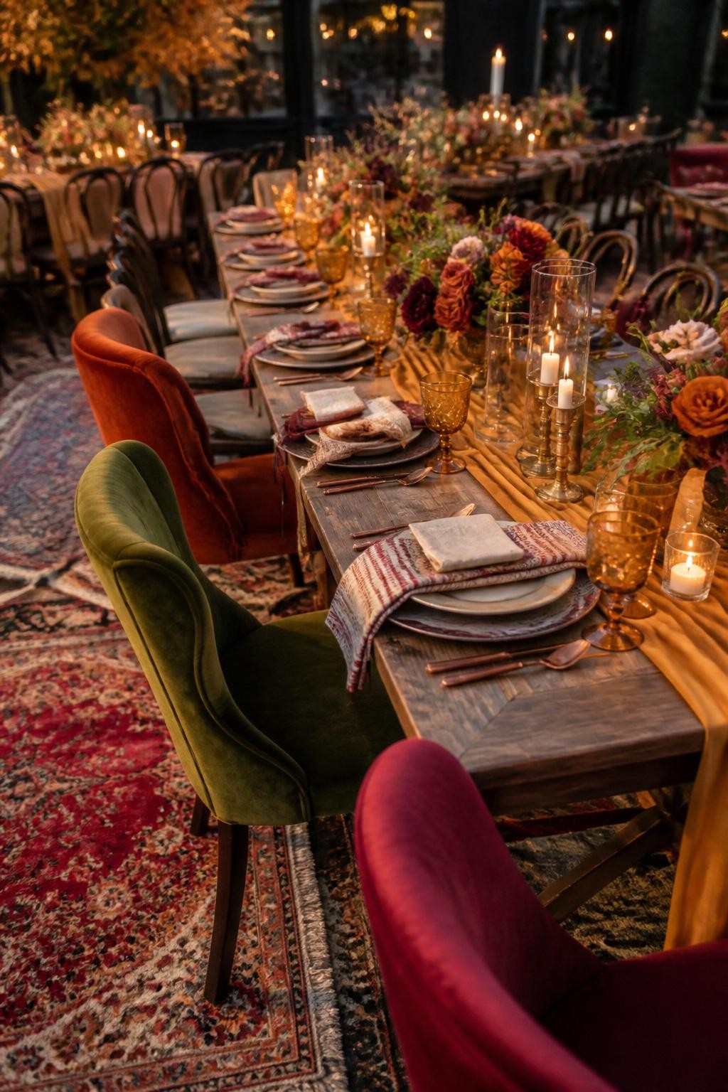 Realistic DSLR photo of a fall wedding reception detail showing mixed textiles including patterned napkins, layered rugs, warm runners, and upholstered chairs in vivid fall colors like saffron, rust, berry, and olive, styled with floral centerpieces and candlelight, elegant bohemian wedding look.