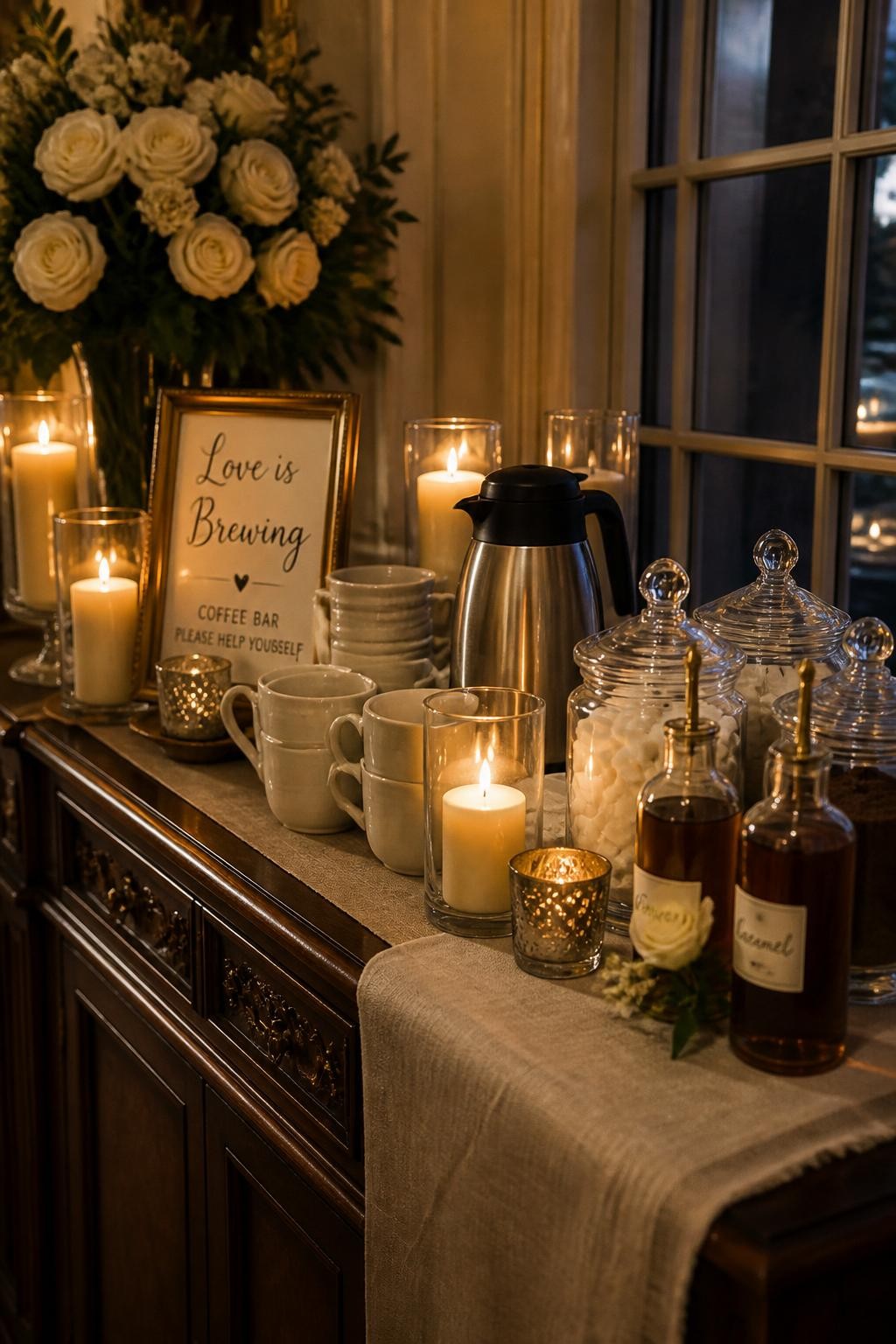 A realistic DSLR photo of an evening bridal shower coffee bar with romantic candlelit styling, dark wood sideboard, warm coffee carafe, cream mugs, glass jars of sugar cubes and cocoa, small syrup bottles, ivory roses, safe battery candles in glass holders, linen runner, golden evening light, cozy elegant party atmosphere, no people.