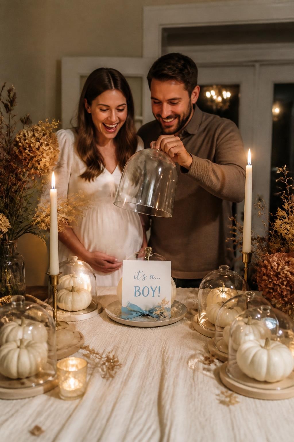 A realistic editorial photo of an elegant October gender reveal table, small cream pumpkins under glass cloches, taper candles, dried flowers, linen runner, parents lifting one special glass dome to reveal a hidden baby message and soft reveal color detail, warm candlelit home setting, cozy autumn party styling, DSLR lifestyle photography, vertical composition