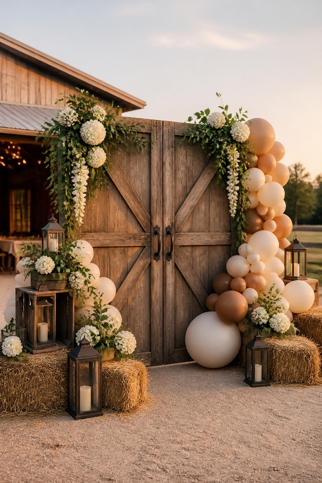 Image Prompt:
A single realistic photo of a rustic event backdrop with two tall vintage barn doors used as the main backdrop, greenery wrapped around the top corners, white flowers, tan and cream balloon garland, hay bales, wooden crates, lanterns, outdoor ranch or barn venue setting, no people, no faces, golden hour lighting, realistic countryside party photography, no text, no watermark.