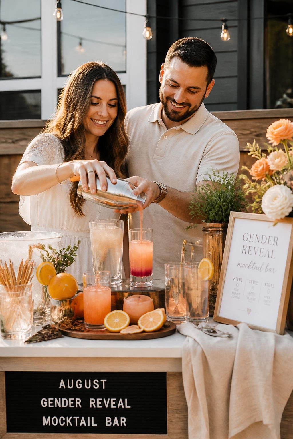A realistic editorial photo of a beautiful August gender reveal mocktail bar, sunset-colored drinks in clear glasses, citrus slices, herbs, ice buckets, linen napkins, parents pouring one special drink that reveals a hidden color at the bottom of the glass, warm patio lighting, DSLR food and lifestyle photography