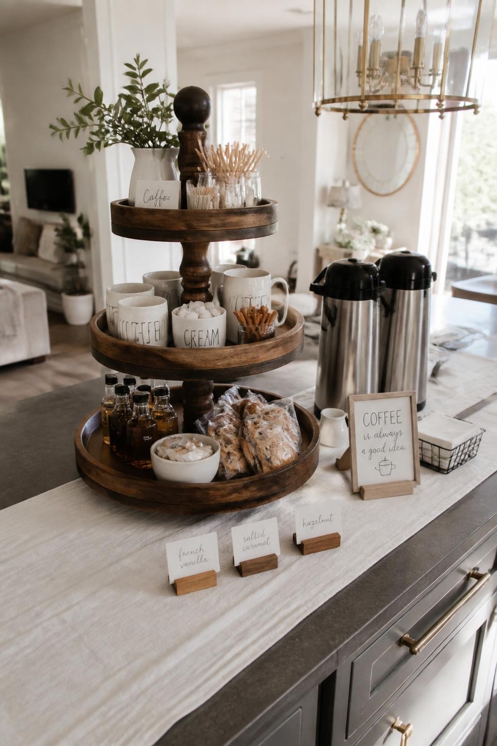 A realistic DSLR photo of a party coffee bar on a long kitchen island, a large three-tier wooden tray holding mugs, sugar cubes, cinnamon sticks, mini syrup bottles, stirrers, and small wrapped cookies, two coffee carafes beside it, white linen table runner, small handwritten labels, warm natural daylight, soft shadows, cozy elegant party styling, no people, editorial home entertaining photography.