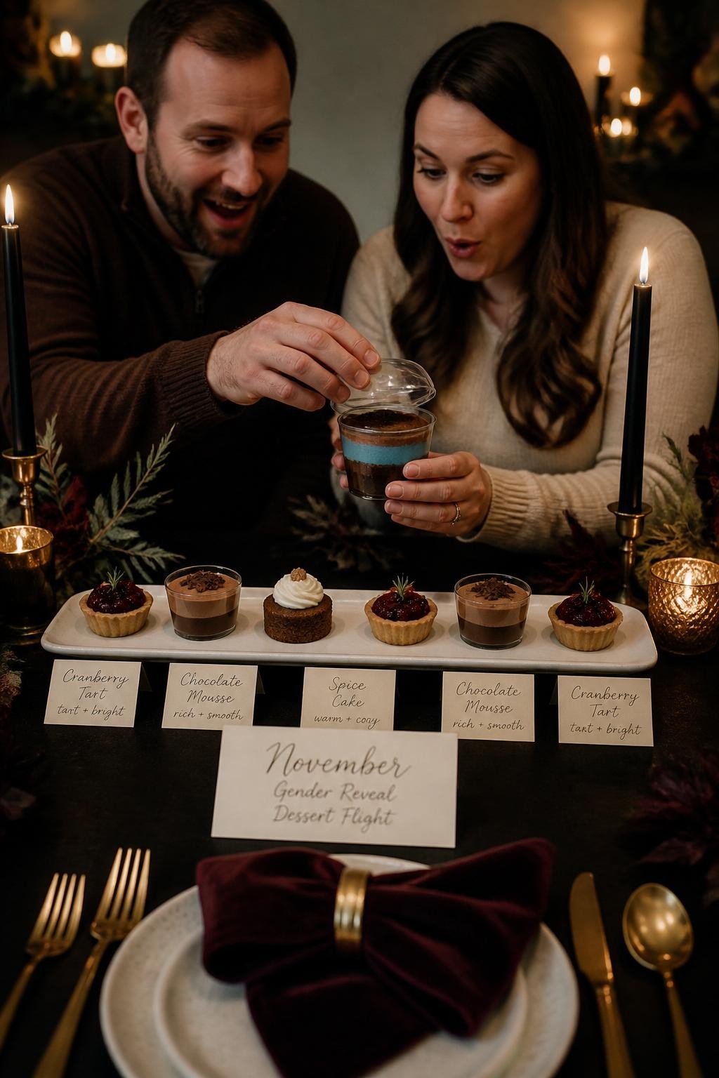 A realistic editorial photo of a November gender reveal dessert flight, mini cranberry tarts, chocolate mousse cups, spice cakes, cream plates, velvet napkins, handwritten tasting cards, parents opening the final dessert cup to reveal a hidden color layer, moody candlelit dessert table, DSLR food photography