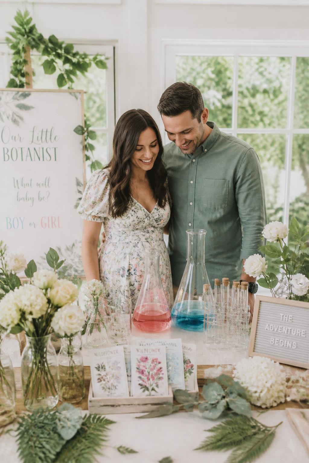 A realistic editorial photo of a creative botanical lab gender reveal party, glass vases, plant cuttings, flowers, seed packets, soft green decor, clear jars with colored water reveal experiment, parents standing behind a styled table, bright natural daylight, modern garden-inspired photography