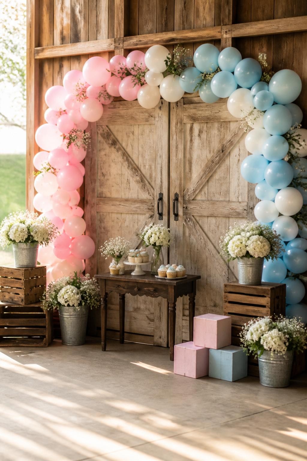 Image Prompt:
A single realistic photo of a rustic gender reveal backdrop with two vintage barn doors used as the main backdrop, soft pink and blue balloon garlands around the top and sides, wooden crates, baby blocks, cream flowers in galvanized buckets, small dessert table with simple cupcakes, outdoor barn setting, warm natural sunlight, no people, no faces, realistic countryside party photo, no text, no watermark.
