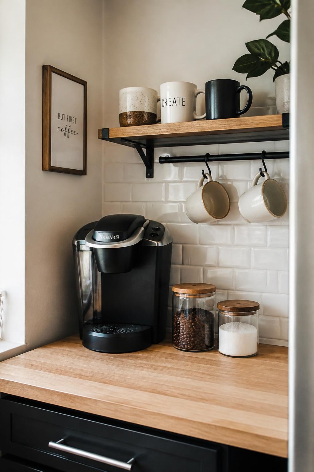 A realistic DSLR photo of a small coffee corner with a budget peel-and-stick tile backsplash, white subway tile look behind a compact black coffee machine, small shelf with mugs, clear jars of coffee beans and sugar, tiny framed print, light wood counter, soft daylight, realistic DIY apartment kitchen styling, no people.