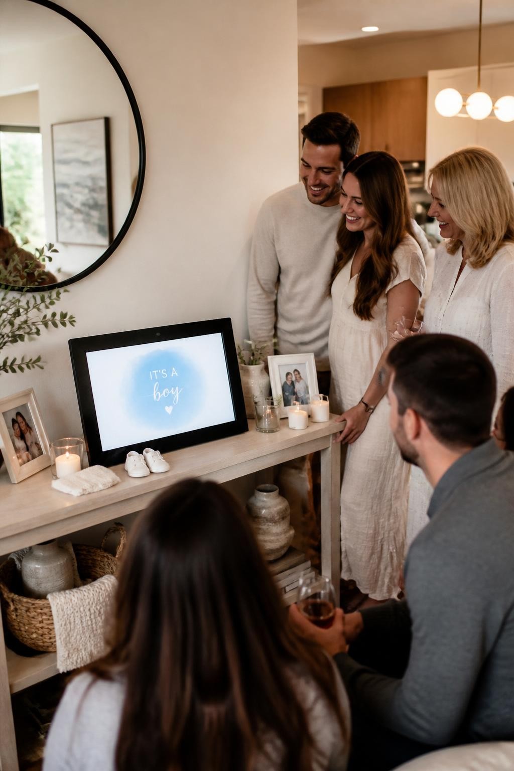 A realistic photo of a stylish living room console table with a digital picture frame, neutral gender reveal decor, tiny baby shoes, candles, framed family photos, parents and guests watching the screen as it shows one soft reveal color announcement, warm home lighting, modern editorial lifestyle photography, vertical image