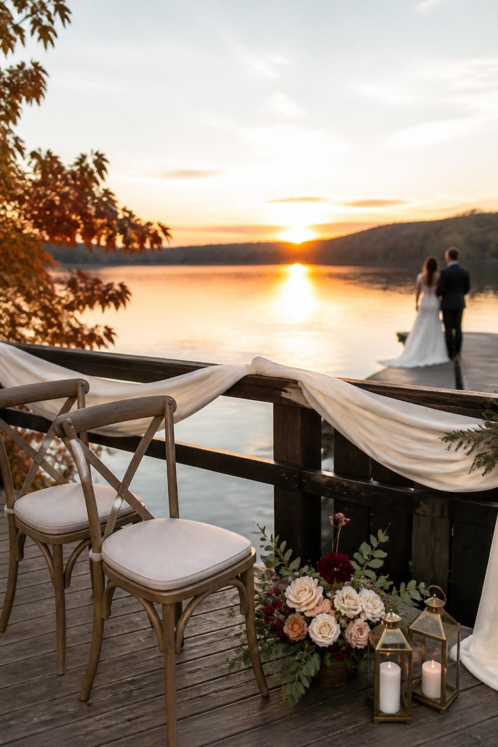 Realistic DSLR photo of a fall lake wedding portrait corner on a wooden dock, with two simple chairs, a small floral arrangement, brass lanterns, cream fabric draped softly over the railing, calm lake reflecting the orange sunset, couple standing far in the background with faces not visible, romantic cinematic wedding style.