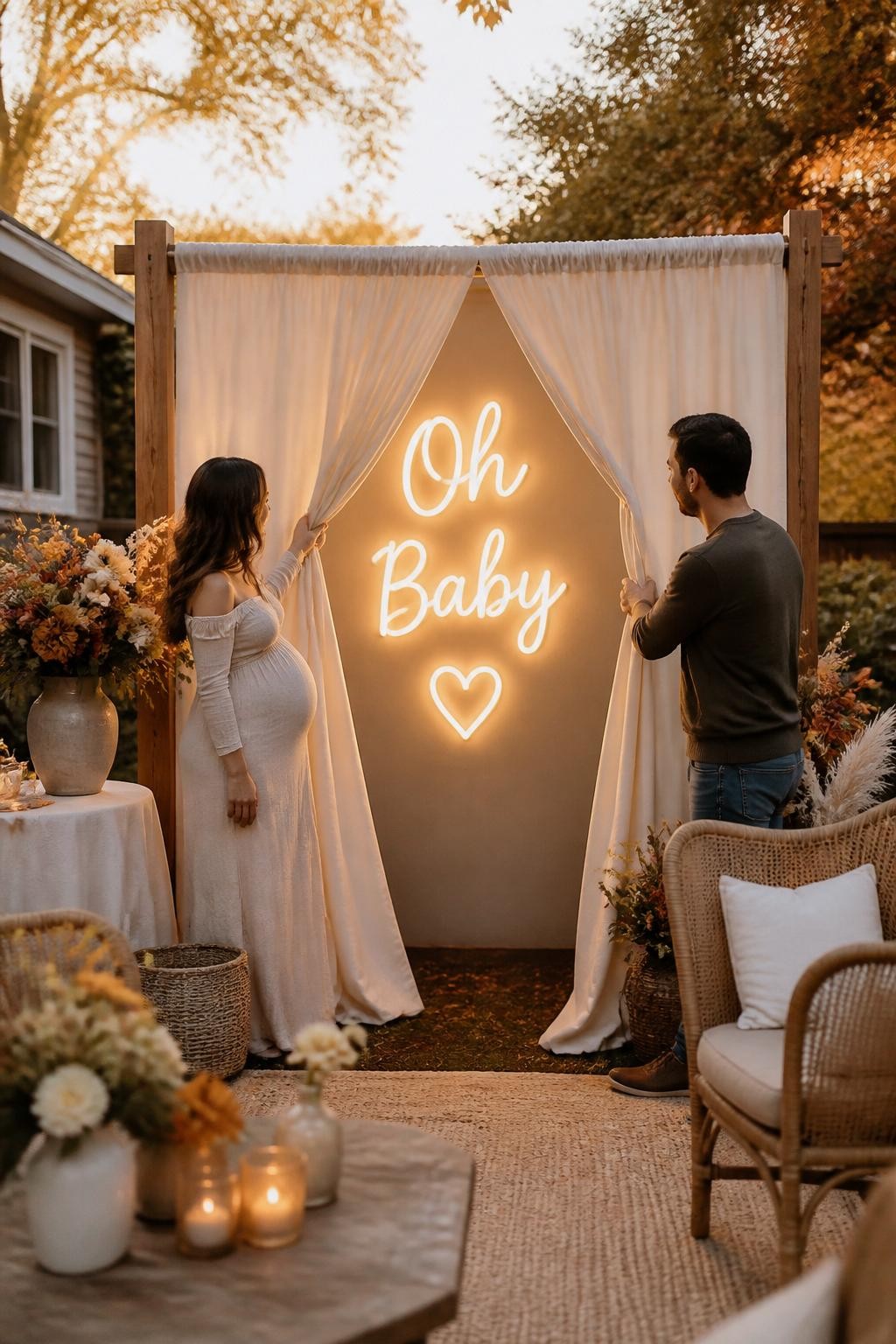 A realistic editorial photo of a September gender reveal party in a backyard at golden hour, cream linen curtains hanging from a wooden frame, early fall flowers, woven chairs, soft amber sunlight, parents pulling the curtains open to reveal a glowing baby message in one soft reveal color, elegant seasonal party styling, DSLR lifestyle photography, vertical composition