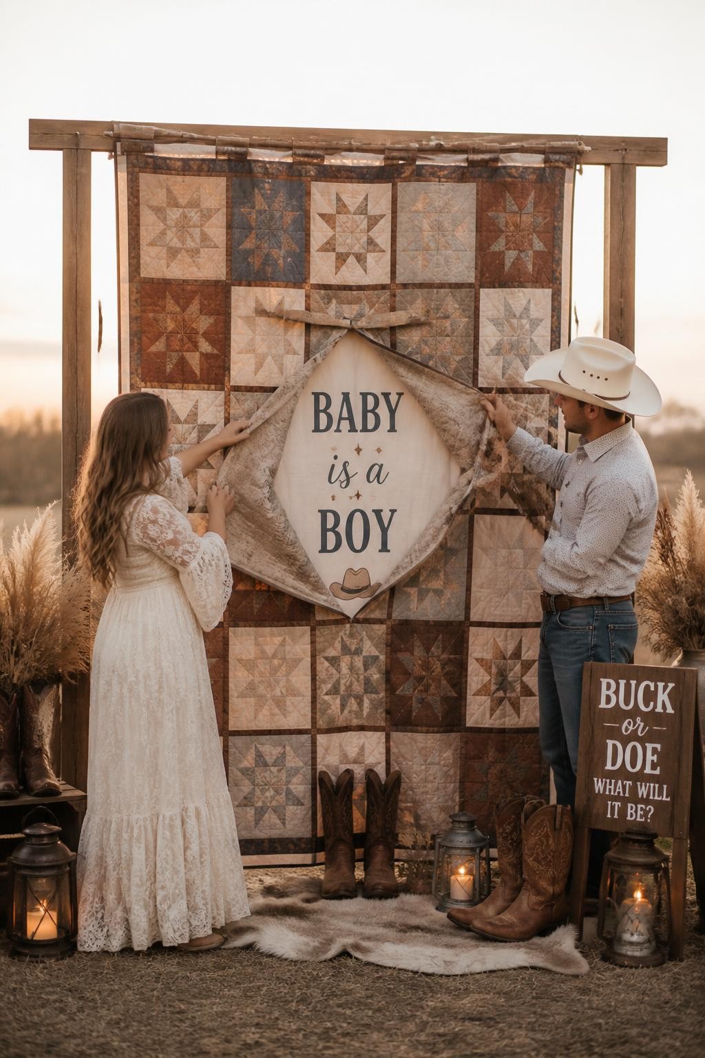 A realistic editorial photo of a warm western gender reveal backdrop with a beautiful patchwork quilt hanging on a wooden frame, boots and lanterns below, dried grass, parents pulling down one folded quilt flap to reveal a hidden baby message, cozy ranch-inspired decor, golden light, vertical composition
