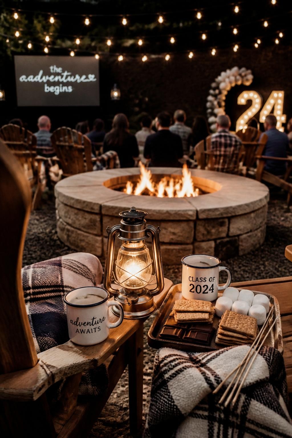 A realistic DSLR photo of a rustic graduation fire pit setup with wooden chairs, plaid blankets, s’mores trays, lanterns, enamel mugs, string lights, and guests seated in the background from behind slightly out of focus, warm firelight, cozy outdoor evening party photography.