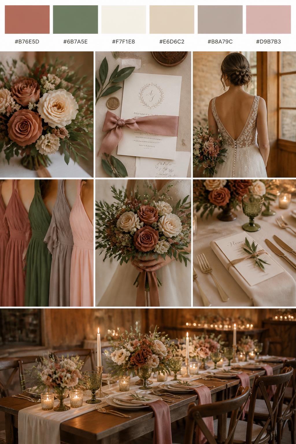 Image Prompt:
A realistic rustic wedding color palette mood board with a top strip of swatches and small hex codes in cinnamon rose, olive green, cream, warm beige, soft taupe, and dusty blush. Below, show a cohesive collage of cinnamon rose flowers, olive greenery, cream table linens, stationery with silk ribbon, a back-view bridal detail, cropped bridesmaid dress fabric shots, hands-only bouquet styling, and a romantic reception table with wood accents under warm glowing light. Keep faces out of frame using side angles, back views, close-up crops, and no-people scenes. The overall mood should feel warm, rustic, elegant, and romantic with realistic DSLR photo quality. 9:16 vertical format. (no watermarks on images)