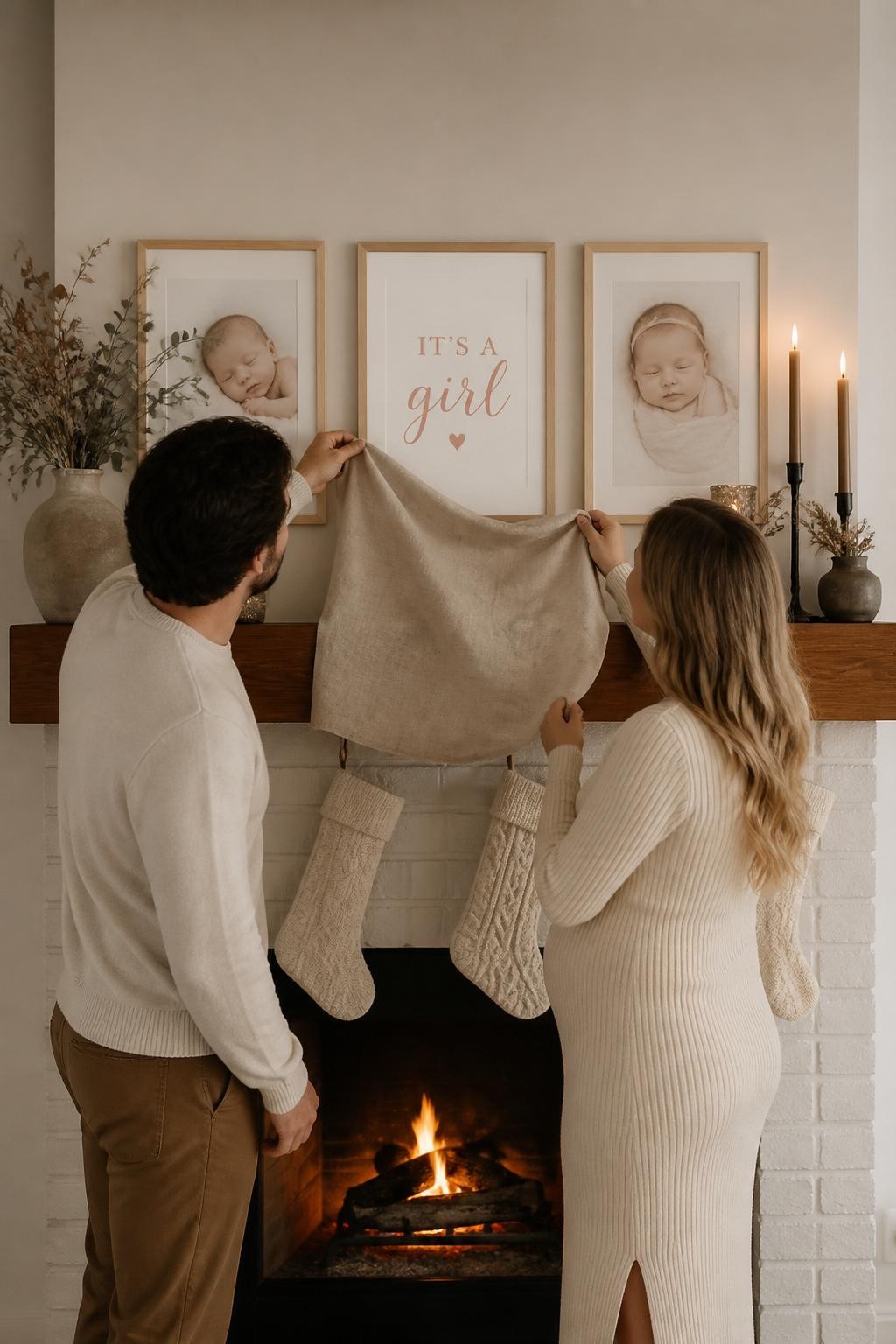 A realistic editorial photo of a November gender reveal fireplace mantel, framed baby prints, candles, dried greenery, cream stockings without holiday text, warm fire glow, parents removing a linen cover from the center frame to reveal the baby message in one soft color, elegant cozy home decor, vertical lifestyle photography