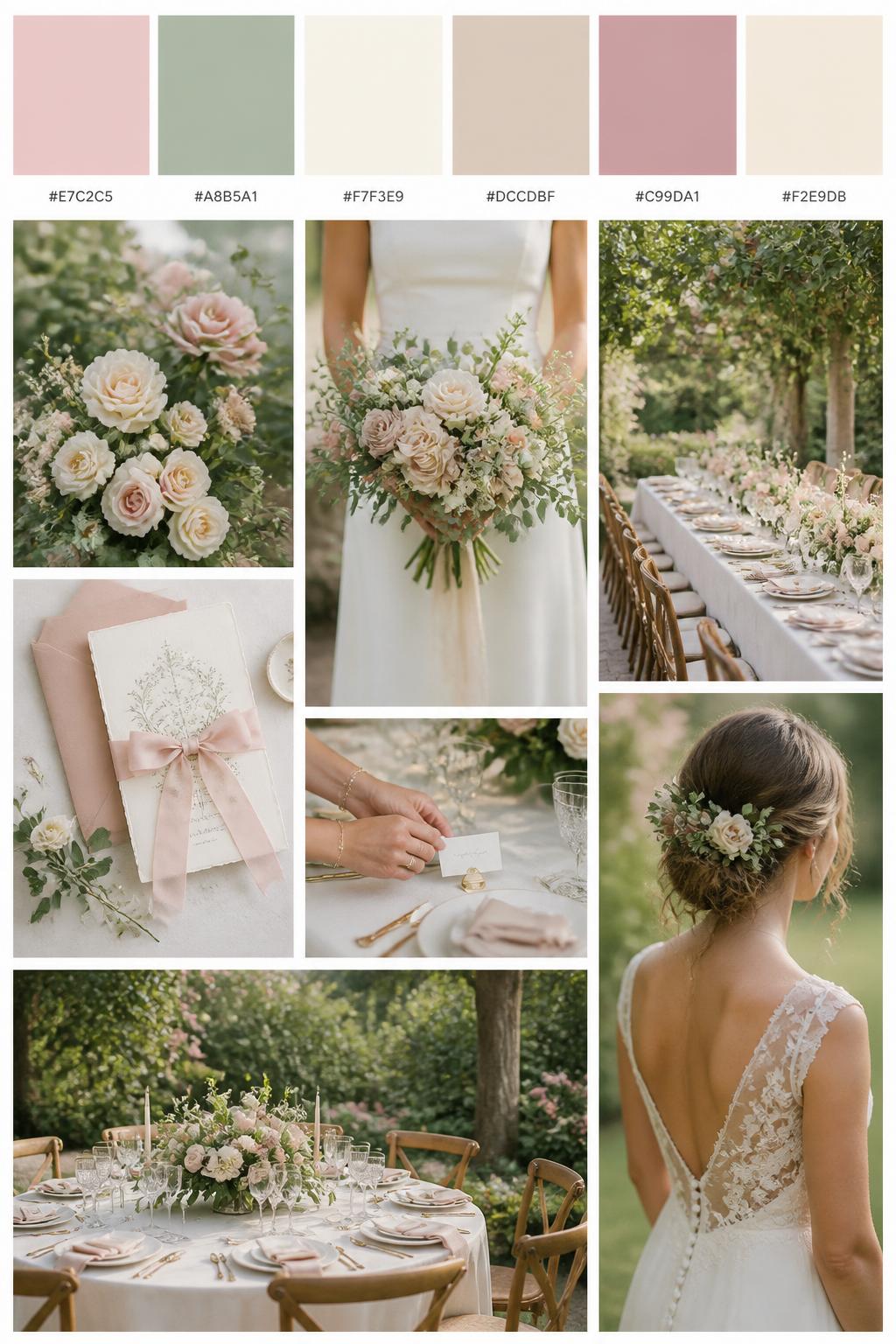 Image Prompt:
A realistic garden wedding color palette mood board in a Pinterest-style collage layout. Add a top row of clean color swatches with small hex codes in blush pink, sage green, ivory, warm beige, dusty rose, and soft cream. Below the swatches, create a polished collage of garden wedding details: blush roses, sage greenery, ivory table linens, soft floral centerpieces, elegant stationery tied with silk ribbon, a bouquet held at waist level with no face visible, hands adjusting place cards, a back-view bridal detail, and a no-people garden reception table under soft natural light. Use side views, back views, cropped-from-neck detail shots, hands-only styling, and no-people scenes to avoid showing faces. Soft natural daylight, romantic garden setting, DSLR-style realism, 9:16 vertical format. No extra text except small hex codes on the palette strip. (no watermarks on images)