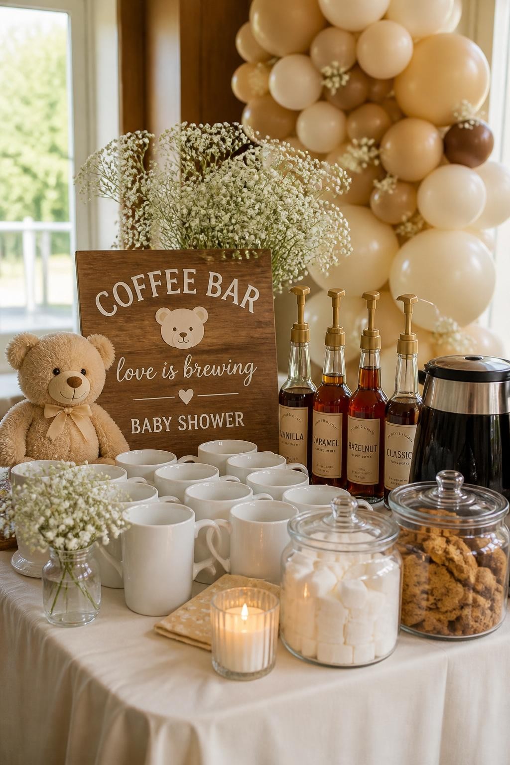 A realistic DSLR photo of a baby shower coffee bar with a soft teddy bear theme, cream tablecloth, small plush teddy bear sitting beside a wooden coffee sign, white mugs stacked neatly, glass syrup bottles with beige labels, jars of sugar cubes and biscotti, warm coffee carafe, tiny baby breath flowers, neutral balloon garland in the background, soft natural daylight, cozy elegant baby shower styling, no people.