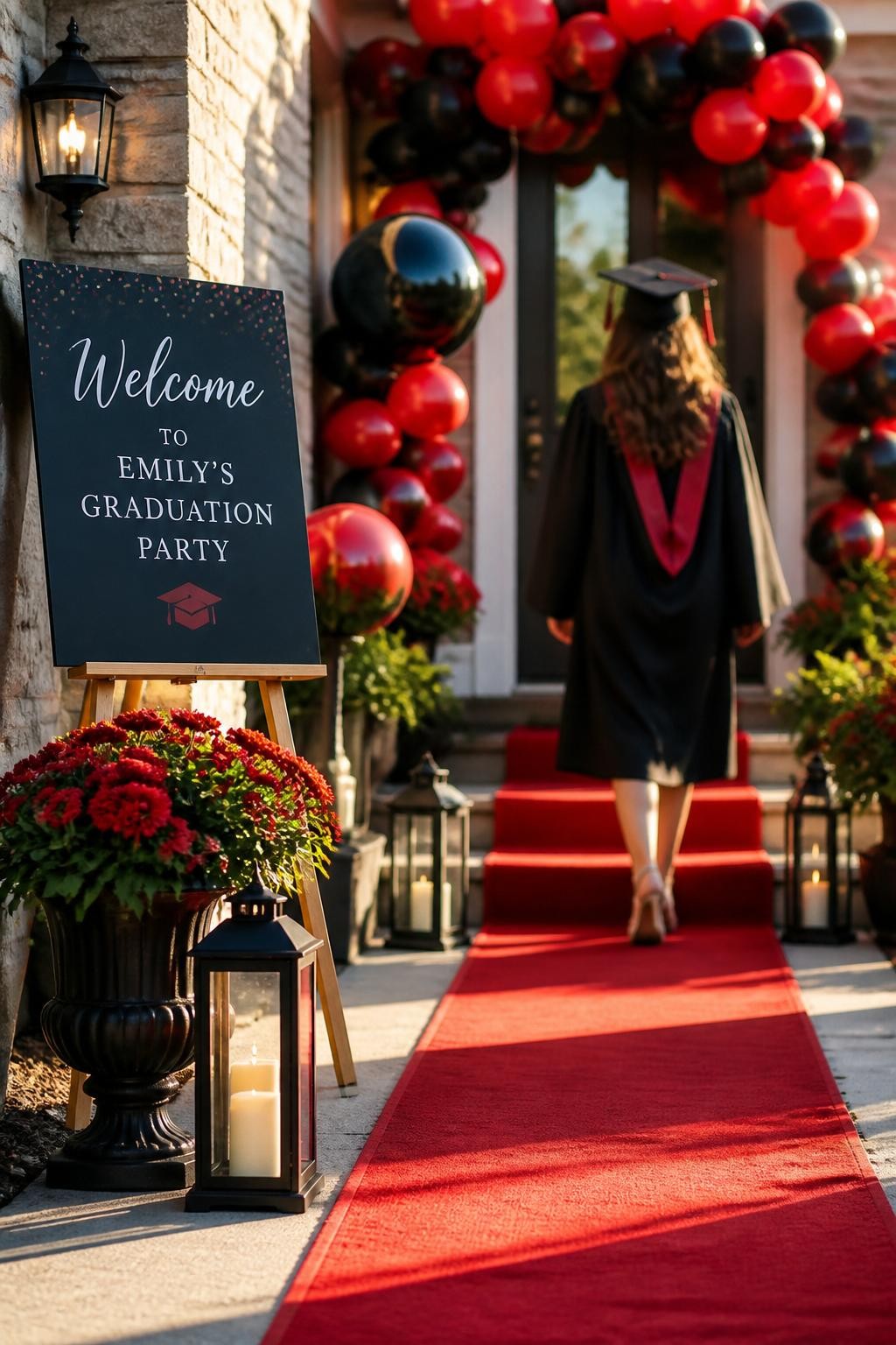Image prompt: A realistic DSLR photo of a graduation party entrance with a rich red carpet walkway, black lanterns, modern red and black balloon clusters, a welcome sign, potted flowers, and a graduate walking away from the camera slightly out of focus, sunny late afternoon lighting, realistic polished event entrance styling.
