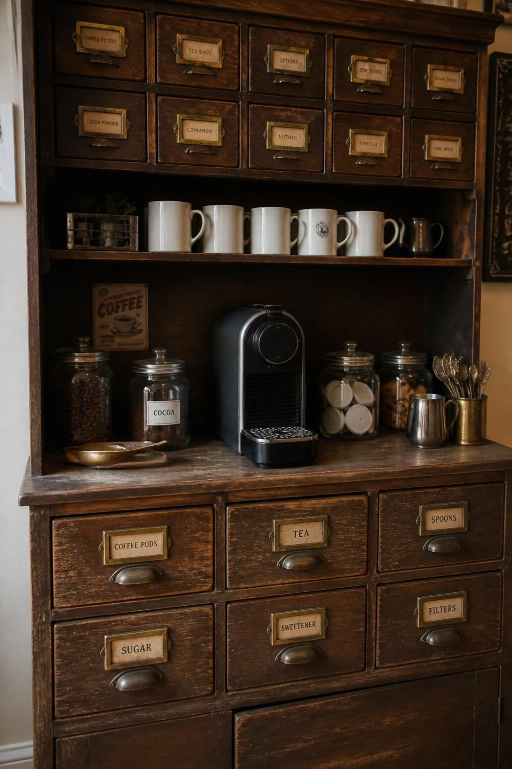 A realistic DSLR photo of a vintage apothecary-style coffee hutch, many small wooden drawers with aged brass label pulls, compact black coffee machine on the middle counter shelf, labeled drawers for pods, tea, spoons, sugar, and filters, white mugs on the upper shelf, glass jars of coffee beans and cocoa, warm moody kitchen lighting, realistic aged wood texture, no people.