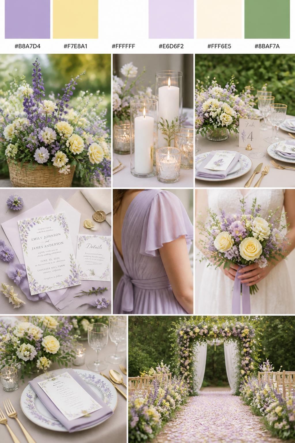 Image Prompt:
A realistic wedding mood board with a top strip of color swatches and small hex codes in lavender, butter yellow, white, soft lilac, pale cream, and fresh green. Below, show a cheerful pastel collage of wedding details: lavender flowers, pale yellow blooms, white candles, garden-style table settings, invitation flat lays, a cropped bridesmaid dress detail from the neck down, hands holding a bouquet, and a no-people ceremony aisle with pastel flowers. Keep the collage soft, fresh, and romantic with DSLR-style realism. Use no clear faces, with side angles, back views, detail-only shots, and no-people scenes. 9:16 vertical format. (no watermarks on images)