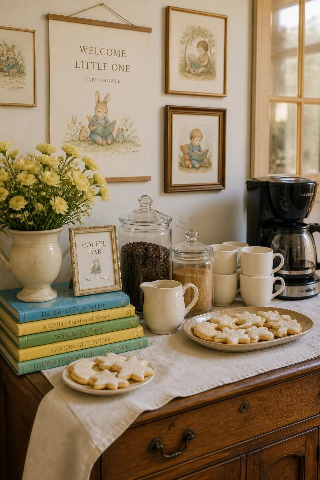 A realistic DSLR photo of a baby shower coffee bar inspired by storybook nursery decor, vintage wooden sideboard, stacked classic children’s books used as risers, cream mugs, glass jars of coffee beans and sugar, coffee carafe, small cookies shaped like stars and moons, soft yellow flowers, linen runner, warm window light, nostalgic baby shower styling, no people.