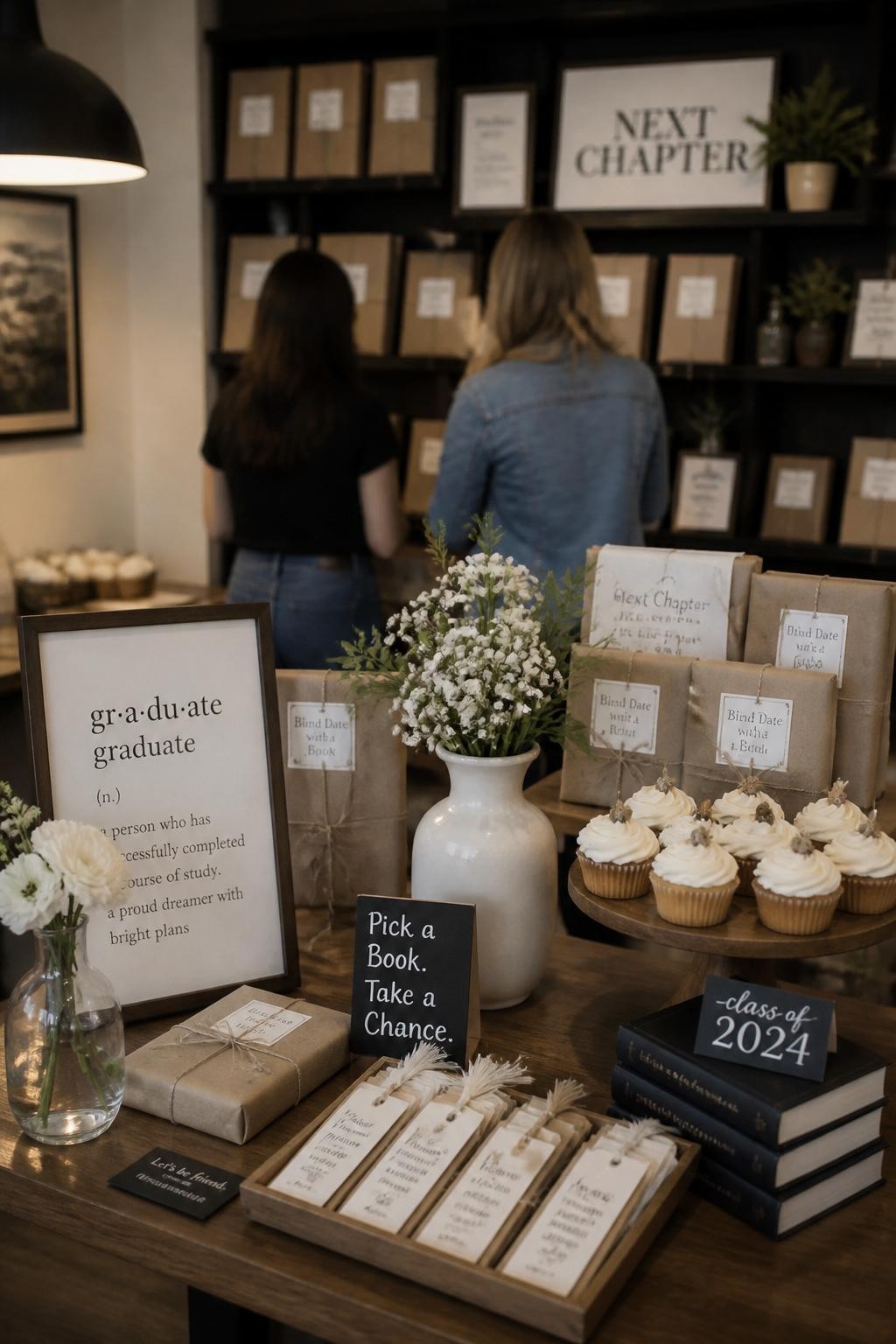 A realistic DSLR photo of a graduation party styled like a tiny modern bookstore, with shelves of wrapped books, custom bookmarks, a “Next Chapter” sign, stacked novels, flowers in ceramic vases, a small dessert table with cupcakes, two guests blurred in the background browsing the shelves with their backs turned, soft indoor lighting, cozy editorial atmosphere.