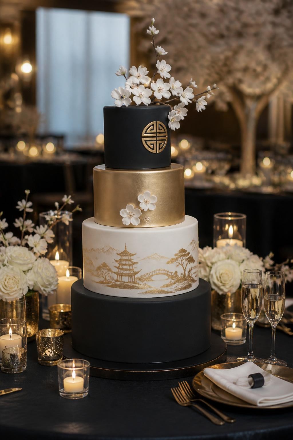 Image Prompt: Ultra-realistic wedding reception photo of a Japanese-inspired wedding cake with smooth black, white, and gold tiers, elegant clean styling, and refined decorative accents inspired by Japanese design. Keep the look polished, balanced, and very wedding-ready. Place the cake on a luxury wedding cake table with candles, white flowers, gold decor, fine linens, champagne glasses, and a softly blurred formal reception background. Keep the cake in clear focus. No visible faces. If people appear, show only cropped hands, back views, side views in blur, or neck-down figures. Realistic black fondant texture, subtle gold shine, moody elegant DSLR wedding photography. (no watermarks on images)